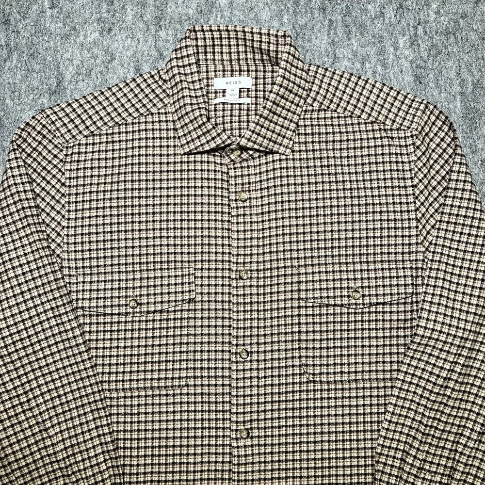 Reiss Regular Fit Plaid Checked Button Down Shirt Brown XL Cotton Blend